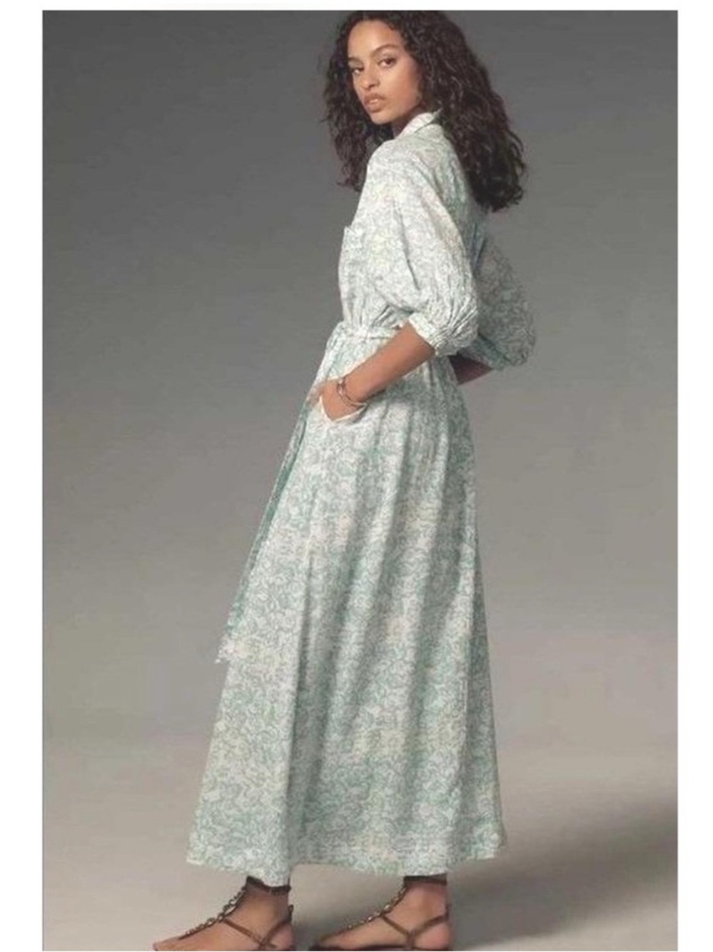 Anthropologie Teal & White Paisley Maxi Shirt Dress